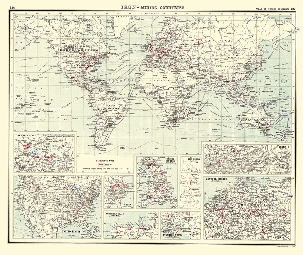 Global Iron Mining Countries - Bartholomew 1907 art print by Bartholomew for $57.95 CAD