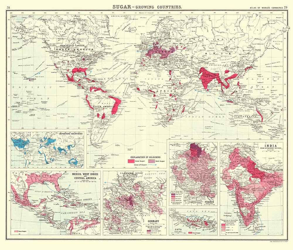 Global Sugar Growing Countries - Bartholomew 1907 art print by Bartholomew for $57.95 CAD