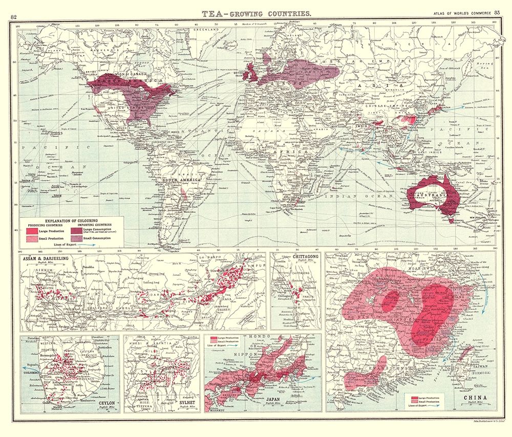 Global Tea Growing Countries - Bartholomew 1907 art print by Bartholomew for $57.95 CAD