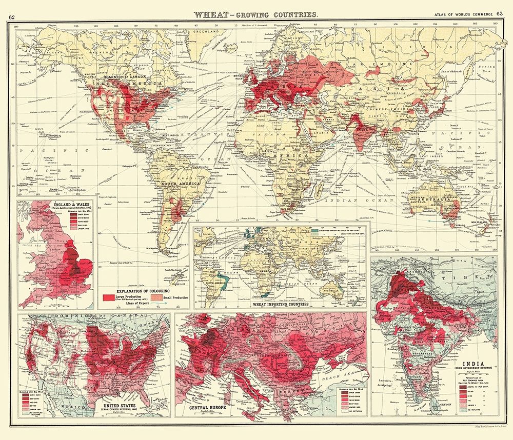 Global Wheat Growing Countries - Bartholomew 1907 art print by Bartholomew for $57.95 CAD