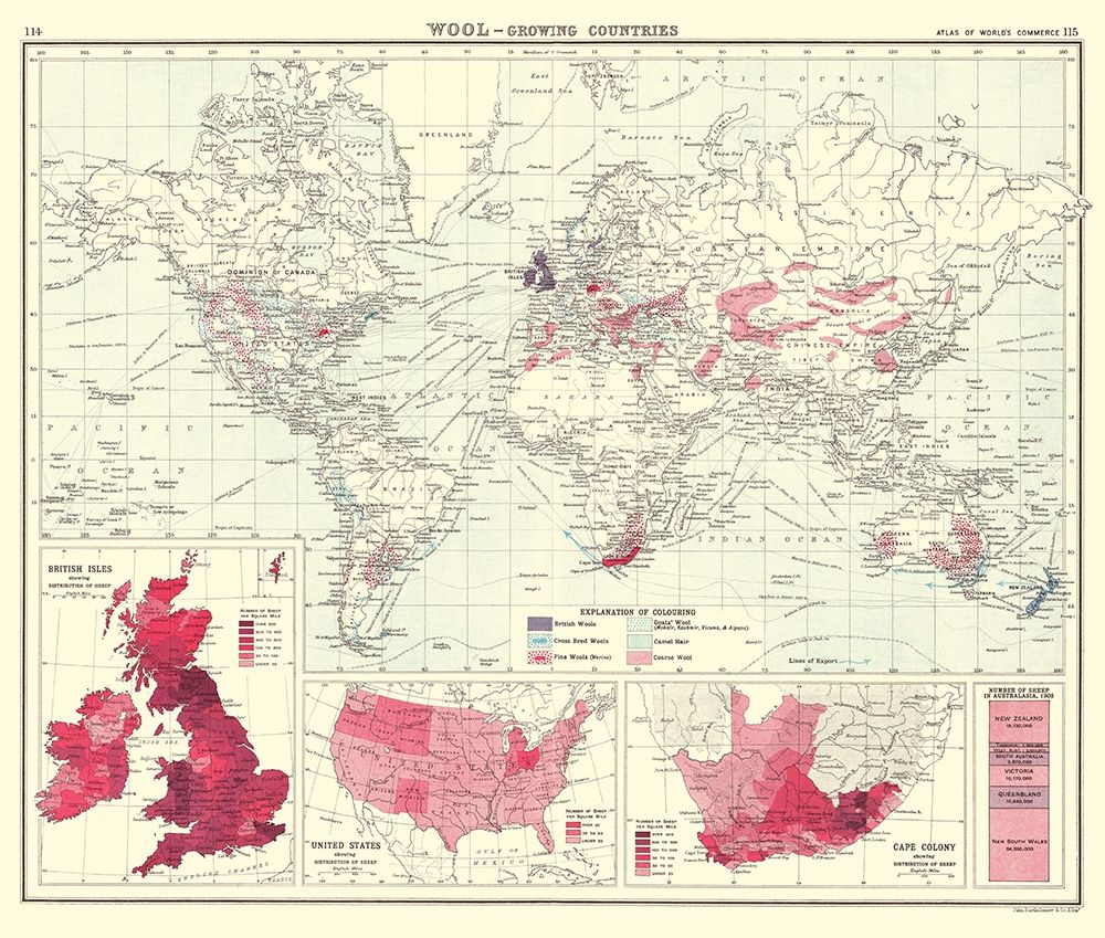 Global Wool Growing Countries - Bartholomew 1907 art print by Bartholomew for $57.95 CAD