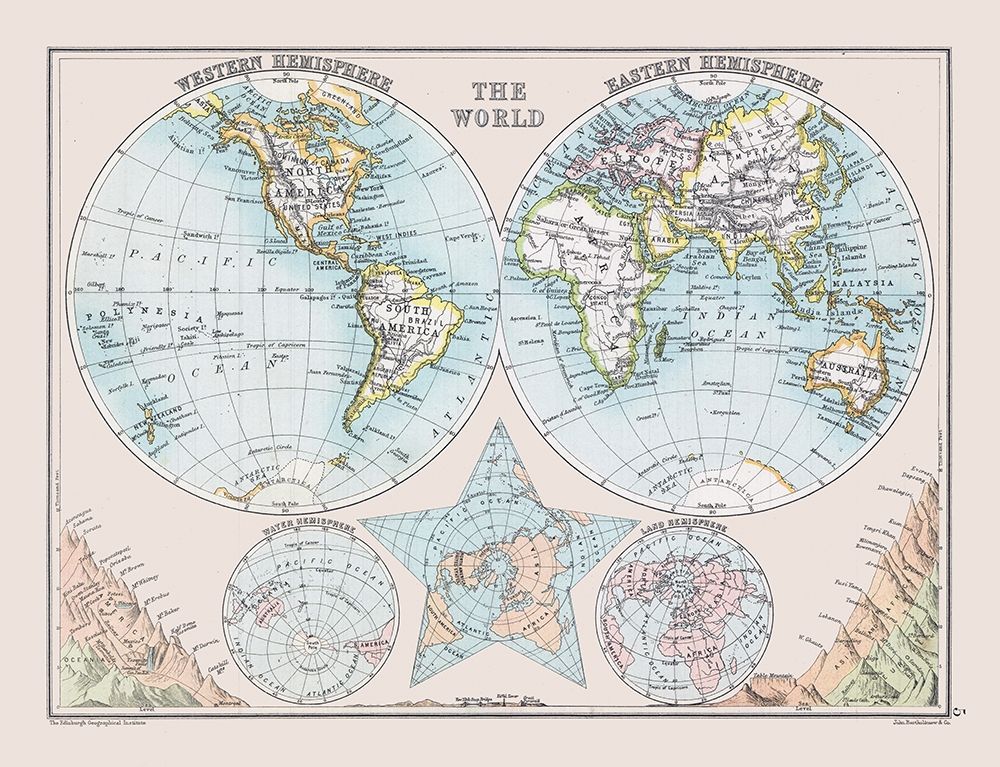 Eastern Western Hemispheheres - Bartholomew 1892 art print by Bartholomew for $57.95 CAD