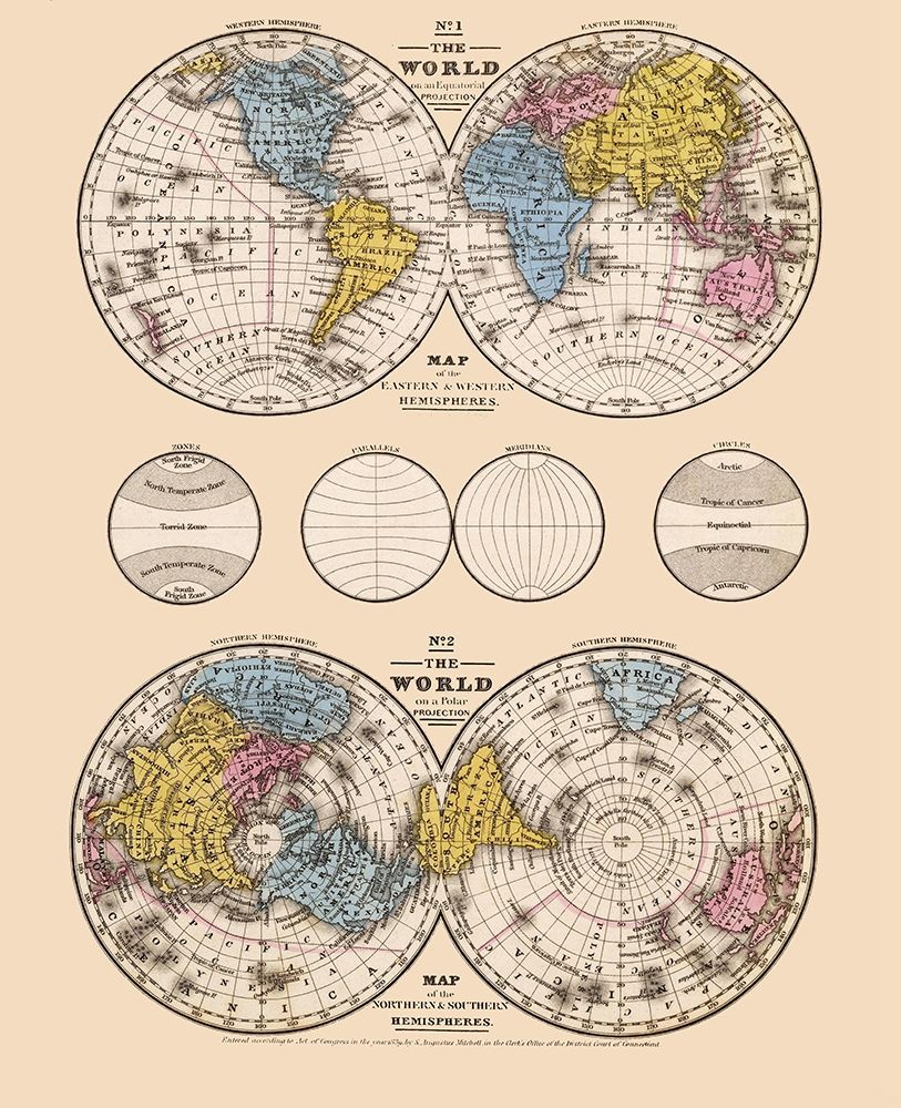 Hemispheres Equatorial Polar Projections - Mit art print by Mitchell for $57.95 CAD
