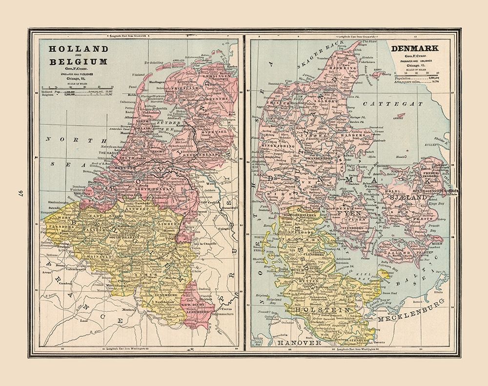 Europe Holland Belgium Denmark - Cram 1888 art print by Cram for $57.95 CAD