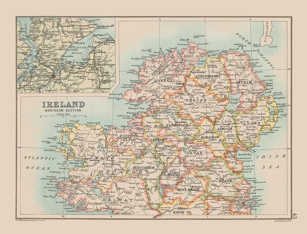 Northern Ireland - Bartholomew 1892 art print by Bartholomew for $57.95 CAD