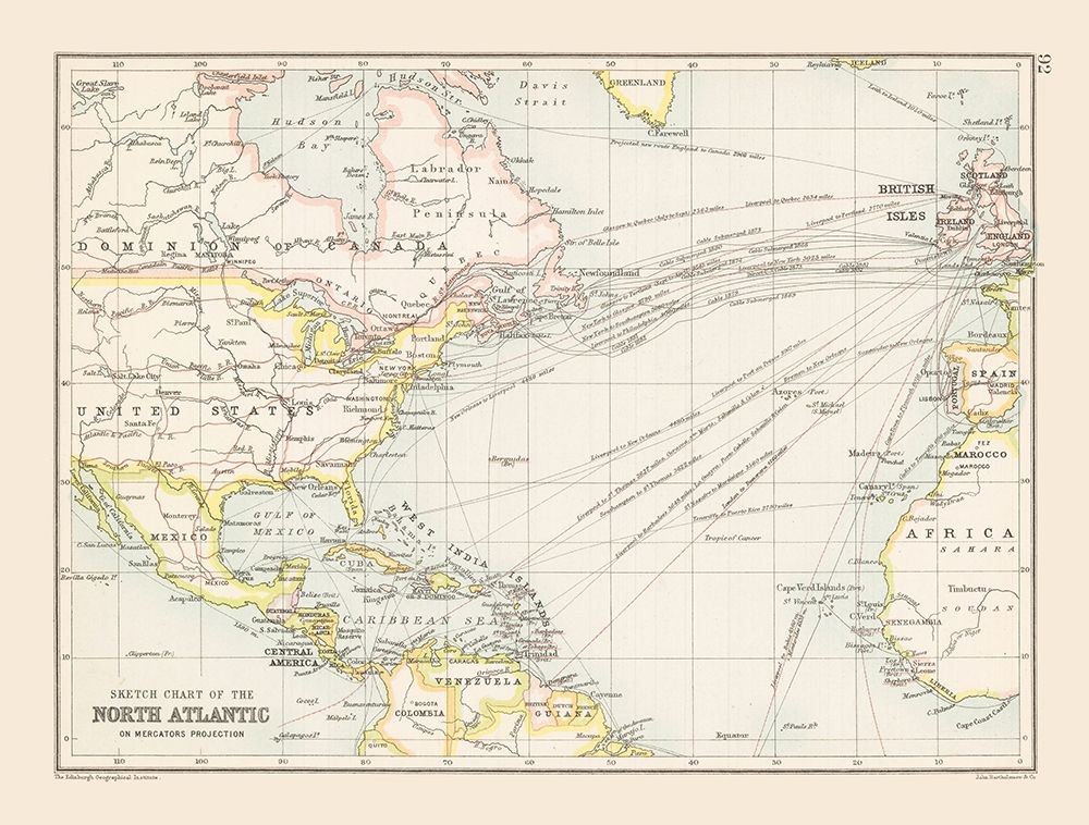 North Atlantic Chart - Bartholomew 1892 art print by Bartholomew for $57.95 CAD