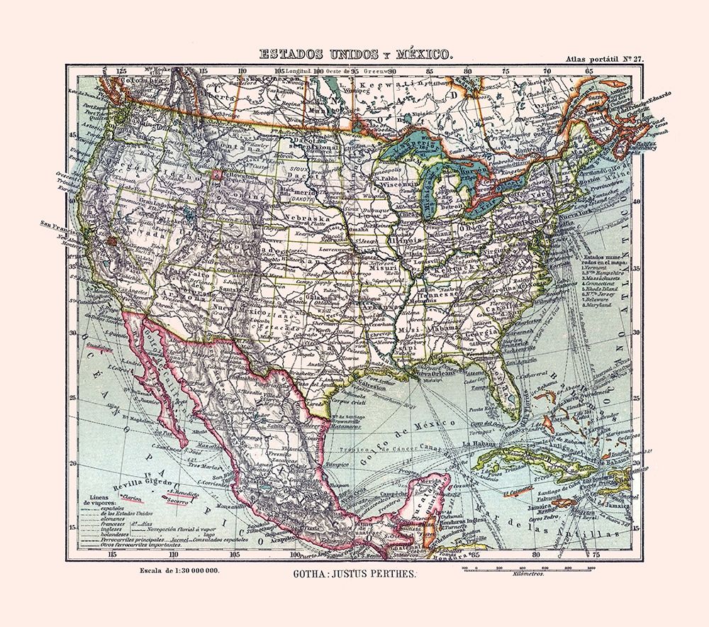 North America United States Mexico - Perthes 1921 art print by Perthes for $57.95 CAD
