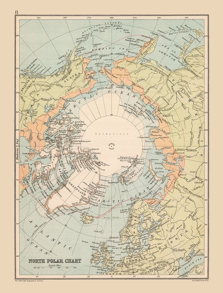 North Polar Chart - Bartholomew 1892 art print by Bartholomew for $57.95 CAD