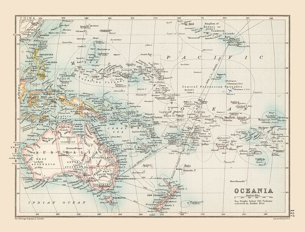 Oceania Sea Depth - Bartholomew 1892 art print by Bartholomew for $57.95 CAD