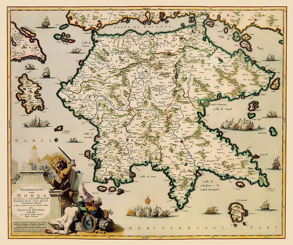 Peloponnese Peninsula Greece - Visscher 1681 art print by Visscher for $57.95 CAD