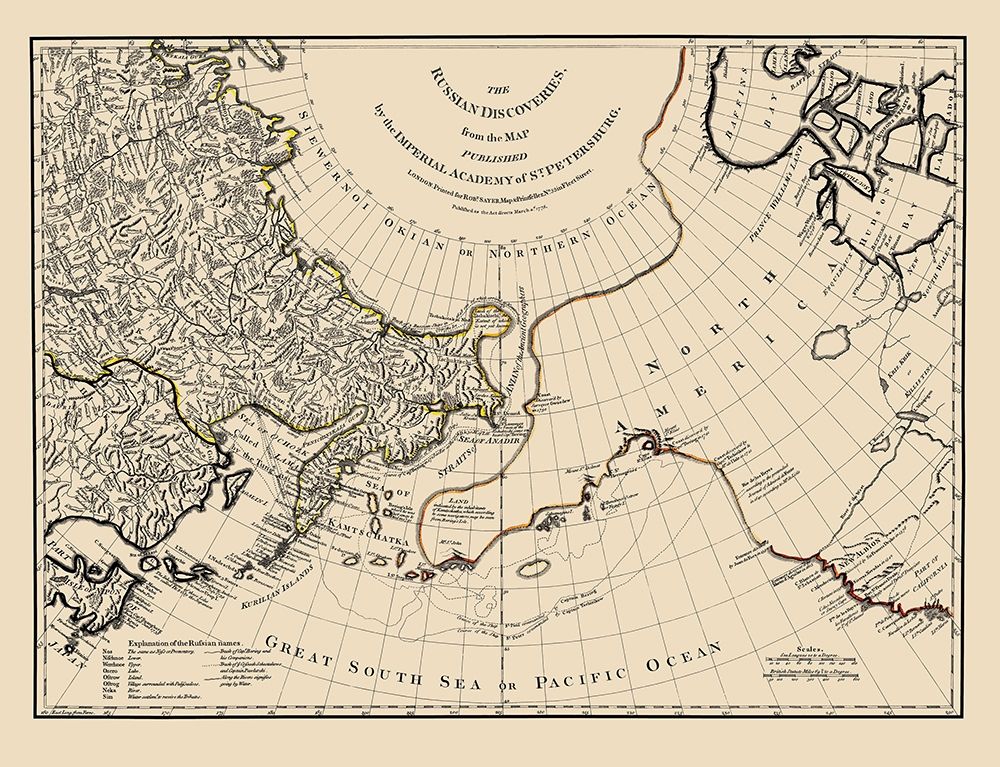 Russian Discoveries North America - Sayer 1775 art print by Sayer for $57.95 CAD