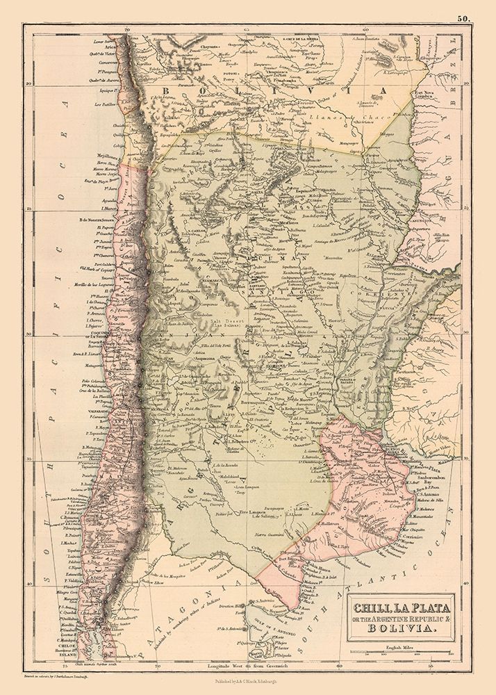 South America Argentina Bolivia Chile - Black 1867 art print by Black for $57.95 CAD