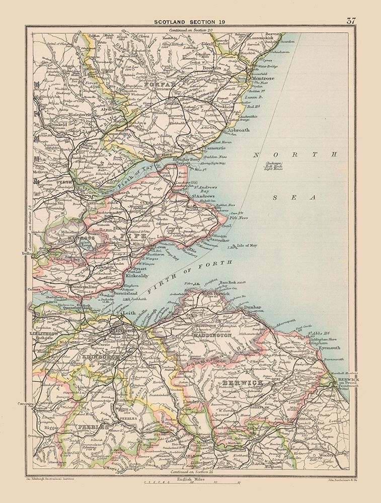 Southeast Scotland - Bartholomew 1892 art print by Bartholomew for $57.95 CAD