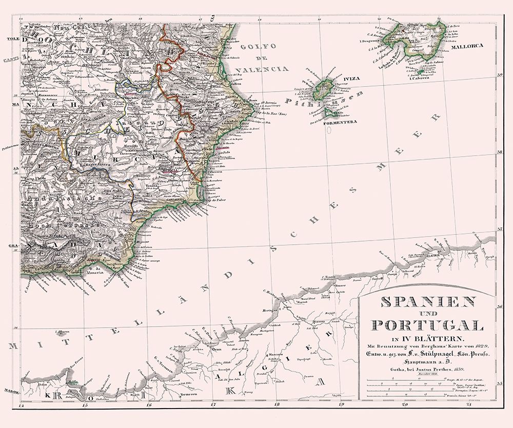Southeast Spain Portugal - Perthes 1850 art print by Perthes for $57.95 CAD
