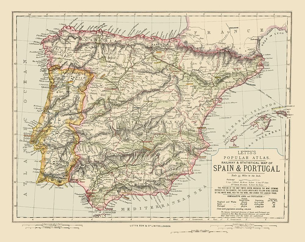 Spain Portugal - Letts 1883 art print by Letts for $57.95 CAD