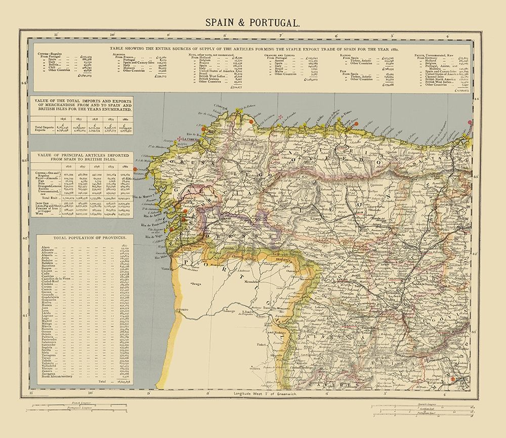 Spain Portugal - Letts 1883 art print by Letts for $57.95 CAD