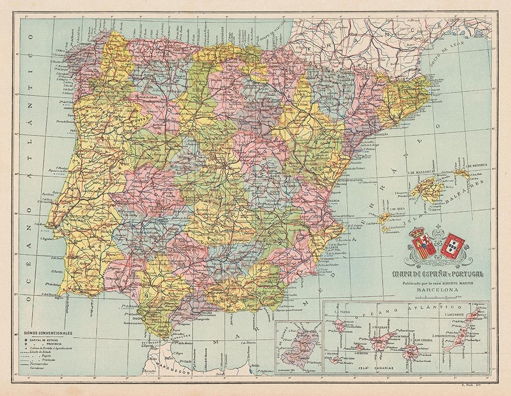 Spain Portugal - Martin 1911 art print by Martin for $57.95 CAD