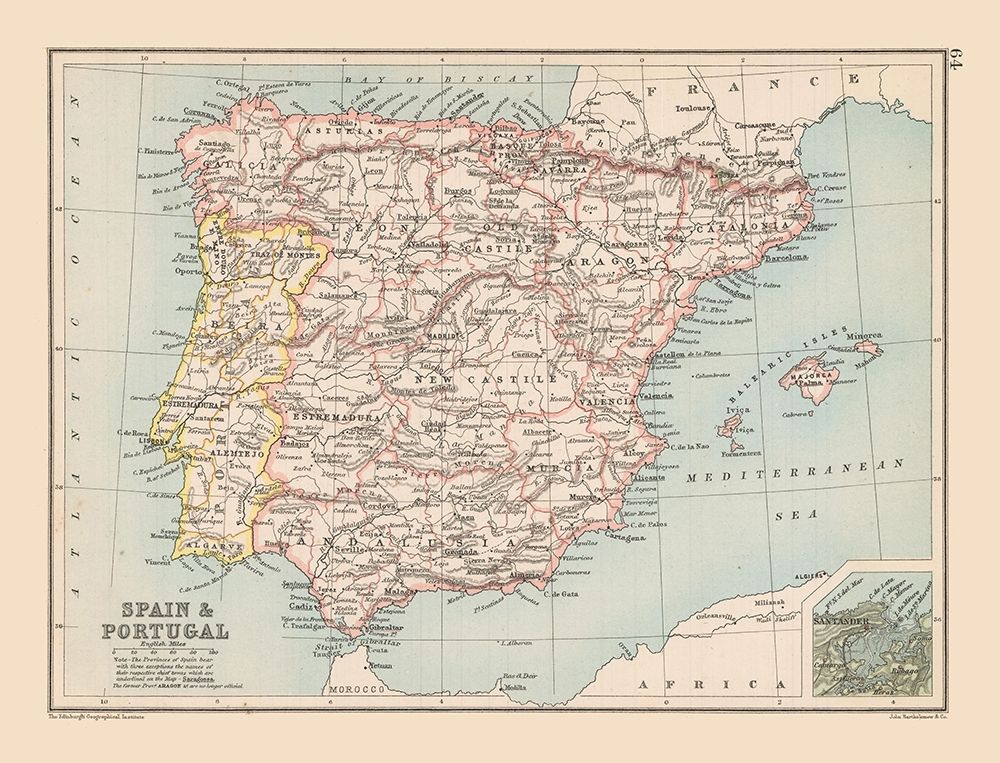 Spain Portugal - Bartholomew 1892 art print by Bartholomew for $57.95 CAD