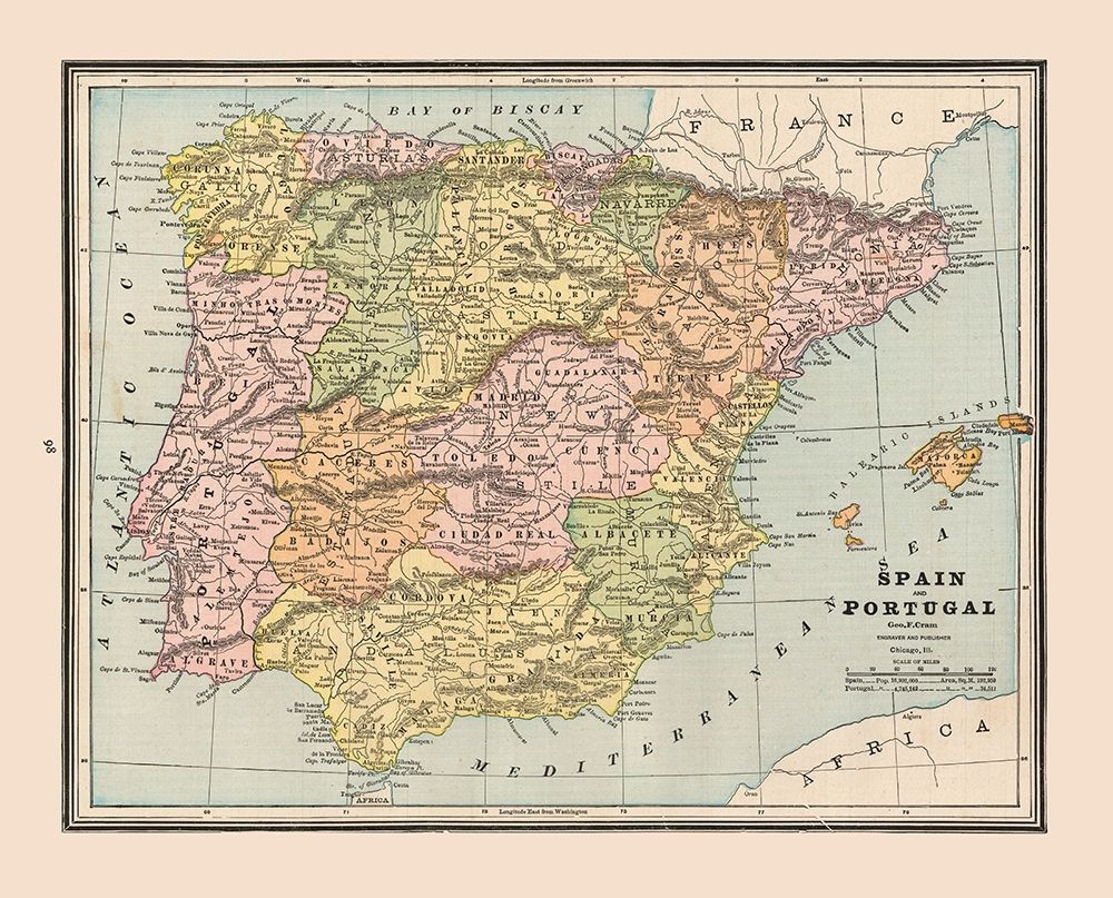 Spain Portugal - Cram 1888 art print by Cram for $57.95 CAD
