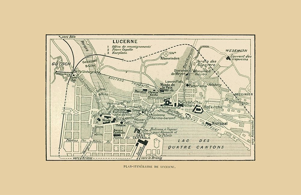 Lucerne Switzerland Route Plan - Swiss Guide 1917 art print by Swiss Guide for $57.95 CAD