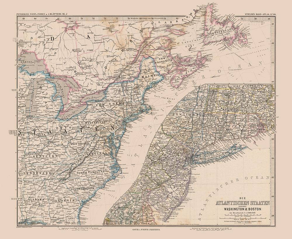 Eastern United States Canada - Stieler 1885 art print by Stieler for $57.95 CAD