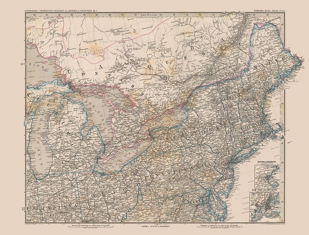 North Eastern US, Canada - Stielers 1885 art print by Stielers for $57.95 CAD