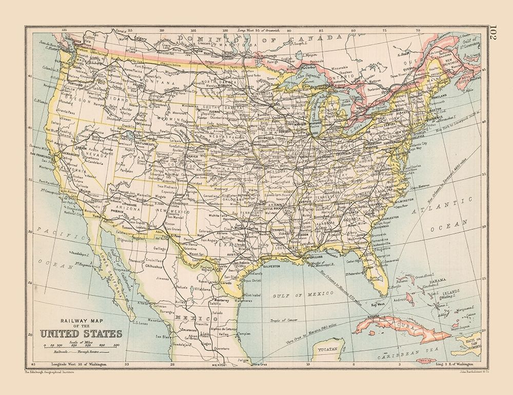 Railway Map of United States - Bartholomew 1892 art print by Unknown for $57.95 CAD