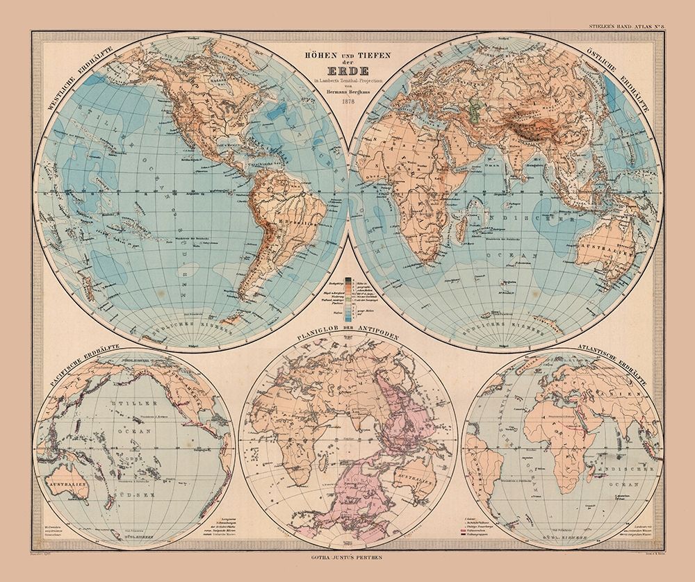 Hemispheres of Earth - Stieler 1885 art print by Stieler for $57.95 CAD