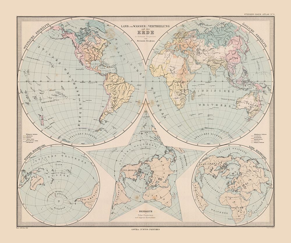 Land Water Distribution Earth - Stieler 1885 art print by Stieler for $57.95 CAD