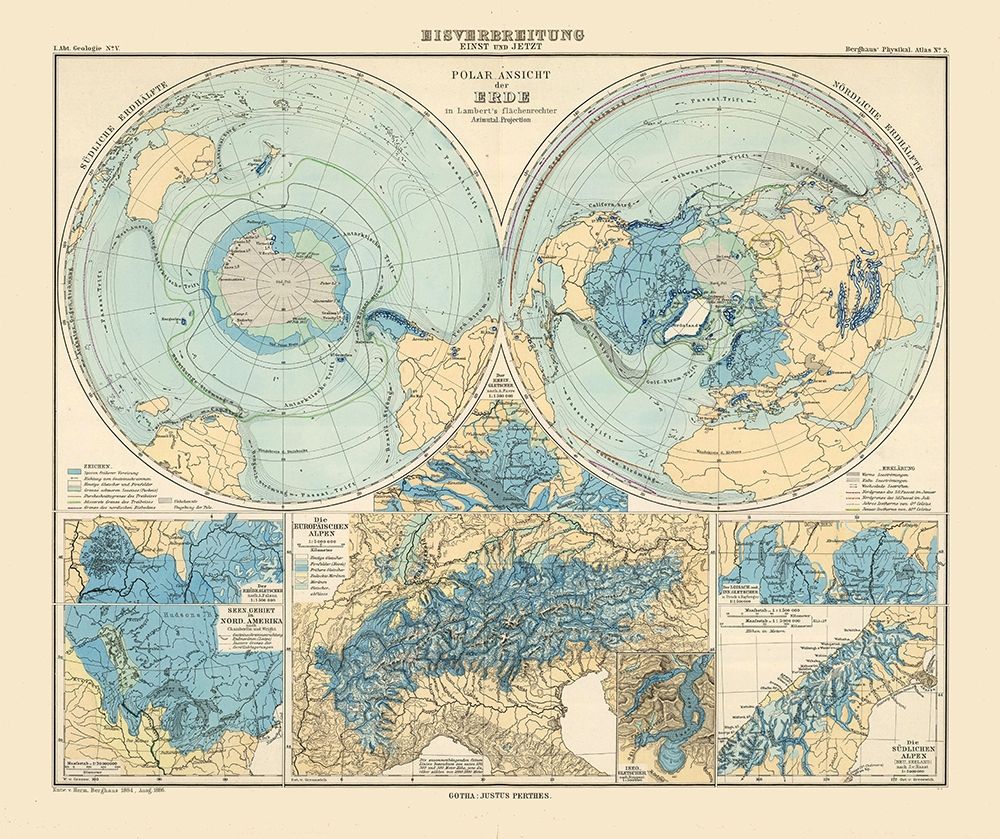 North Pole South Pole - Perthes 1884 art print by Perthes for $57.95 CAD