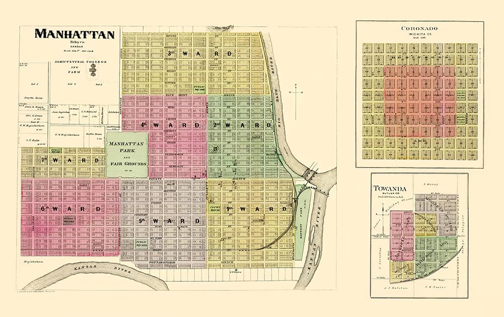 Manhattan, Coronado, Towanda Kansas - Everts 1887 art print by Everts for $57.95 CAD