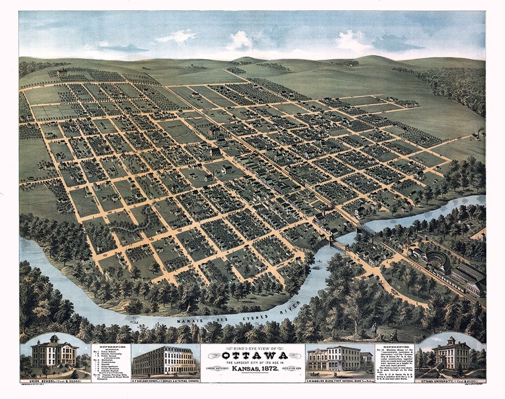Ottawa Kansas - Glover 1872 art print by Glover for $57.95 CAD