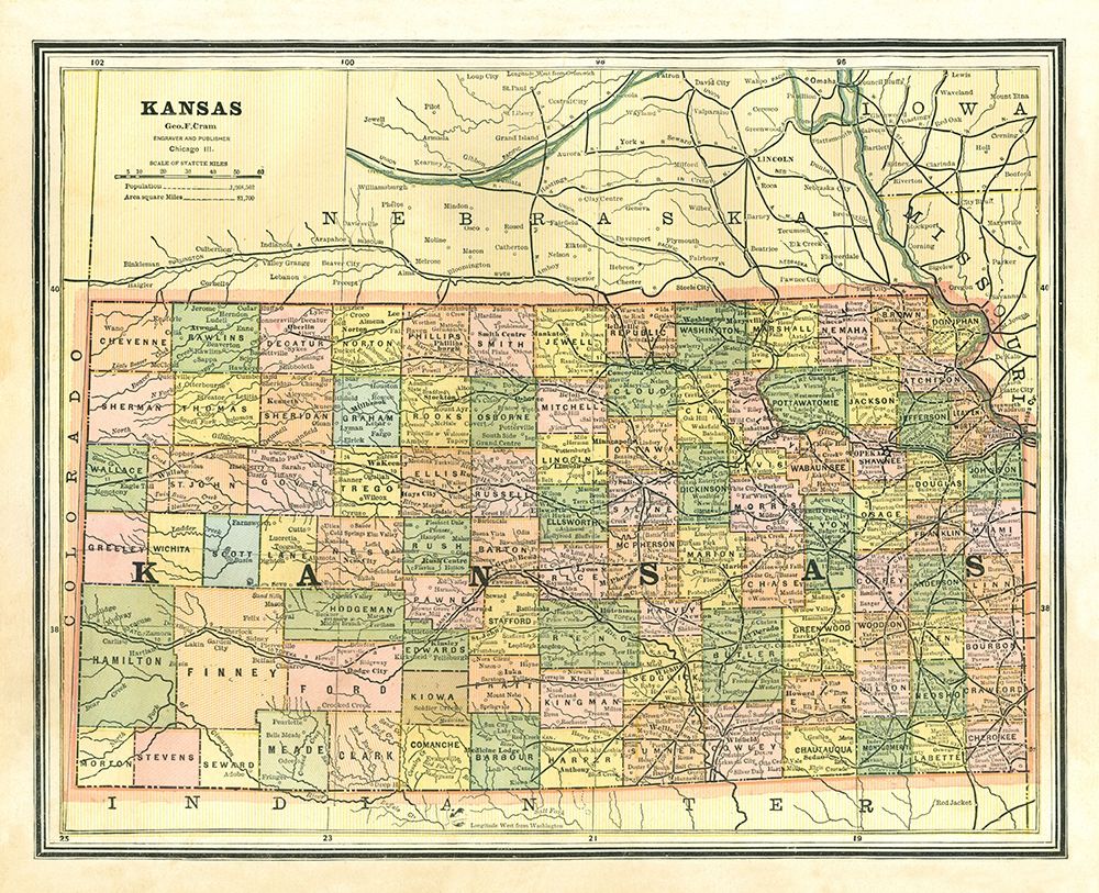 Kansas - Cram 1886 art print by Cram for $57.95 CAD