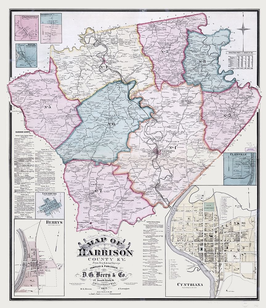 Harrison County Kentucky - Beers 1877 art print by Beers for $57.95 CAD
