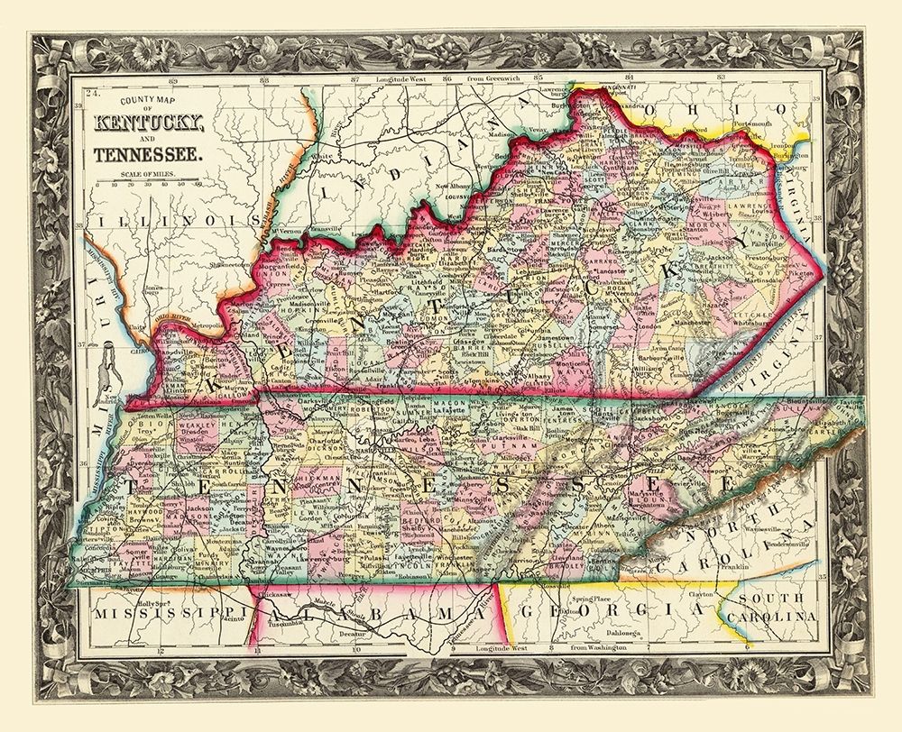 Kentucky, Tennessee Counties - Mitchell 1860 art print by Mitchell for $57.95 CAD