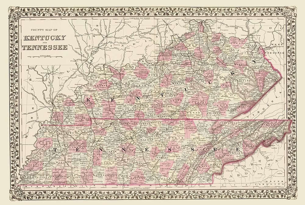 Kentucky, Tennessee Counties - Mitchell 1879 art print by Mitchell for $57.95 CAD