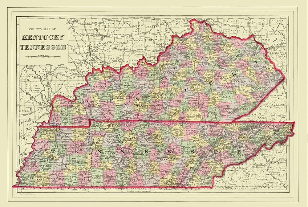 Kentucky, Tennessee Counties - Mitchell 1879 art print by Mitchell for $57.95 CAD