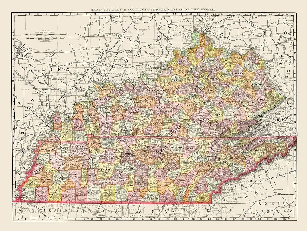 Kentucky, Tennessee Counties - Rand McNally 1897 art print by Rand McNally for $57.95 CAD