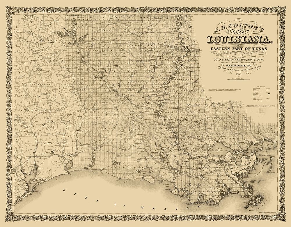 Louisiana Railroads - Colton 1863 art print by Colton for $57.95 CAD
