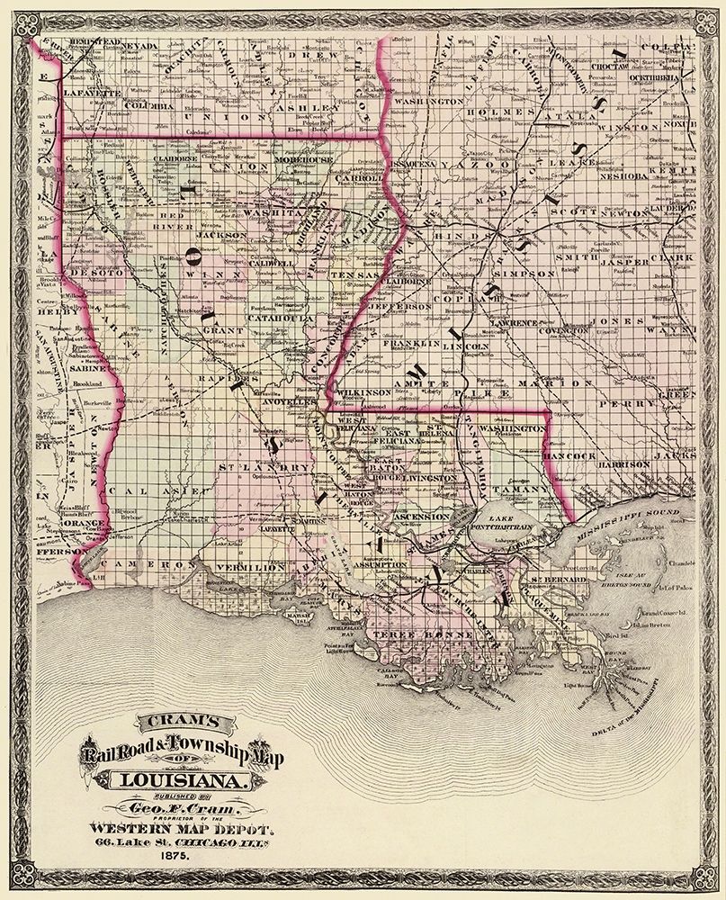 Louisiana Railroad and Townships - Cram 1875 art print by Cram for $57.95 CAD