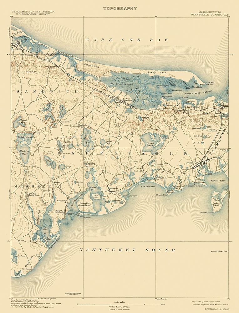 Barnstable Massachusetts Quad - USGS 1893 art print by USGS for $57.95 CAD