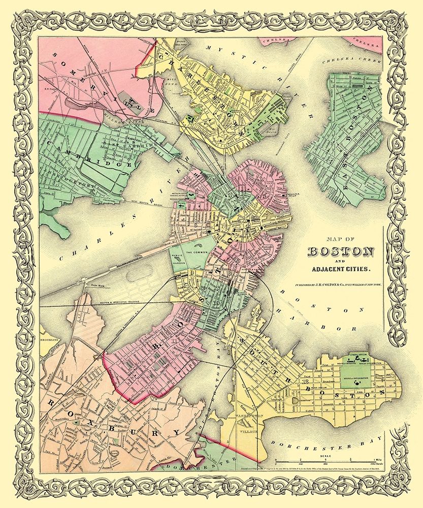 Boston , Adjacent Area Massachusetts - Colton 1855 art print by Colton for $57.95 CAD