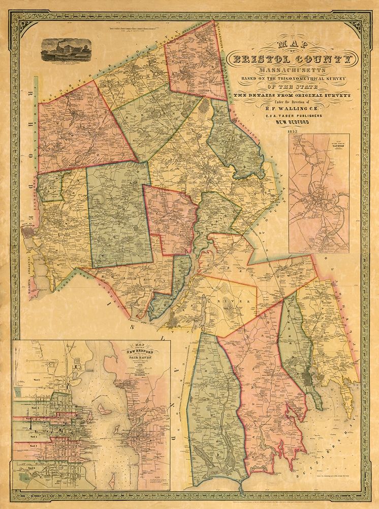 Bristol County Massachusetts - Walling 1852 art print by Walling for $57.95 CAD