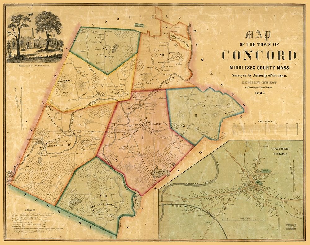 Concord Massachusetts - Walling 1852 art print by Walling for $57.95 CAD