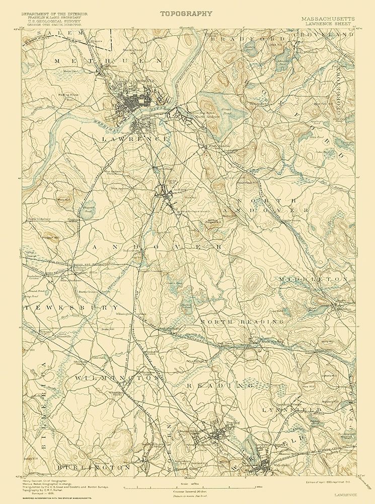 Lawrence Massachusetts Sheet - USGS 1893 art print by USGS for $57.95 CAD