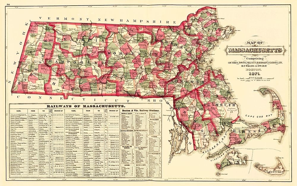 Massachusetts - Walling and Gray 1871 art print by Walling for $57.95 CAD