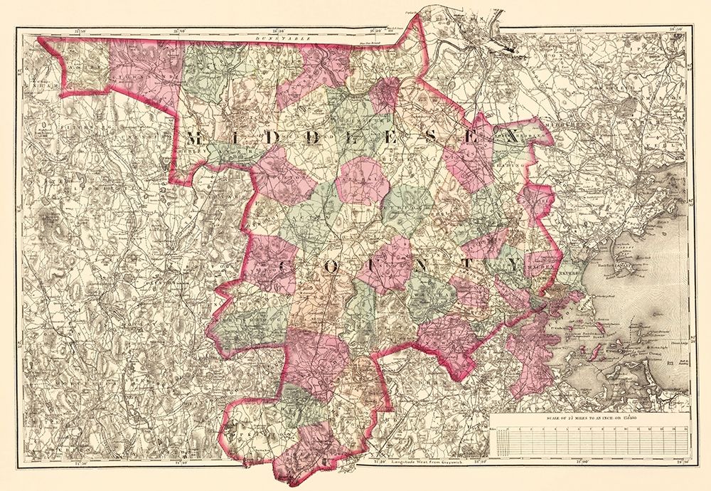 Middlesex Massachusetts - Walling 1871 art print by Walling for $57.95 CAD