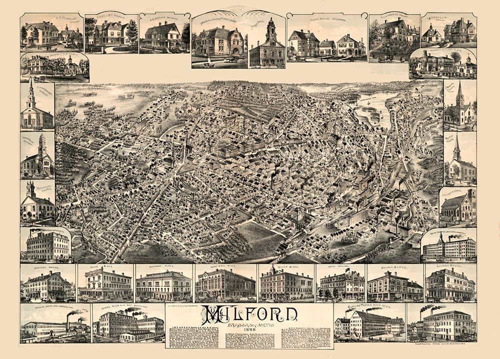 Milford Massachusetts - Bailey 1888 art print by Bailey for $57.95 CAD