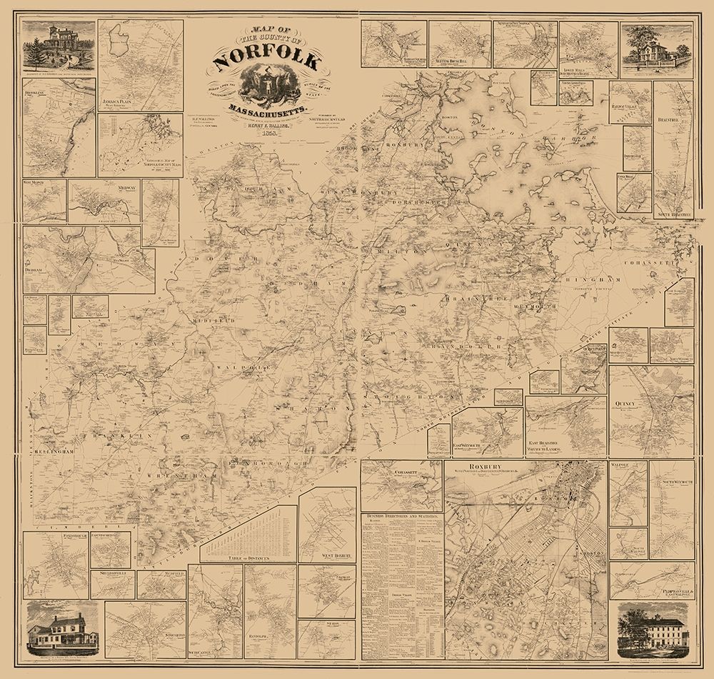 Norfolk County Massachusetts - Walling 1858 art print by Walling for $57.95 CAD