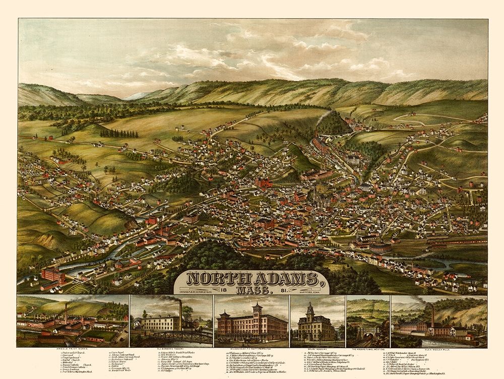 North Adams Massachusetts - Rowley 1881 art print by Rowley for $57.95 CAD